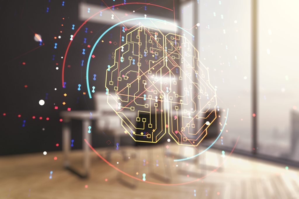 double exposure creative artificial intelligence symbol modern desktop with laptop background neural networks machine learning concept (1)